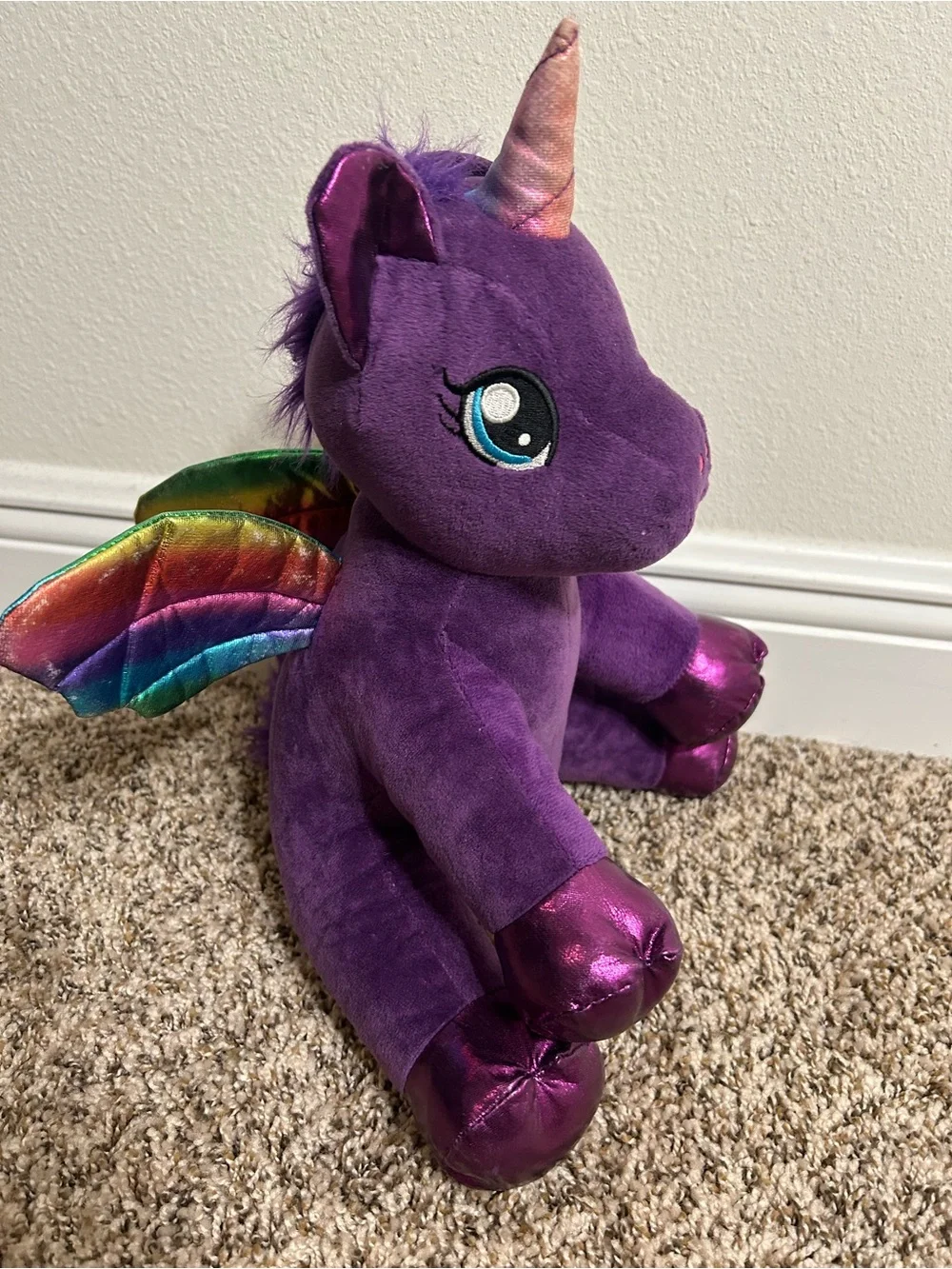 Purple Plush Unicorn Stuffed Toy with Rainbow Horn - 14”